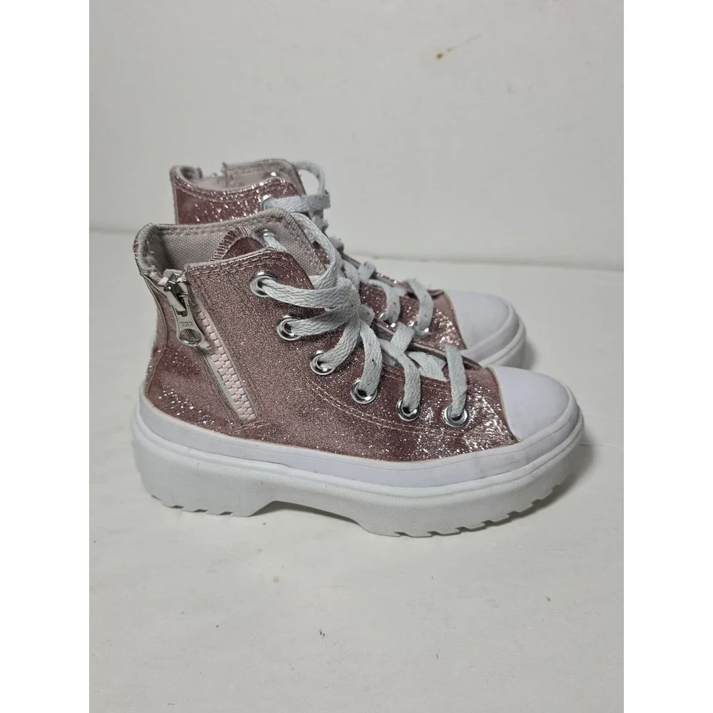 Converse Kids High-Top Glitter Lug sole Sneakers in Rose Gold and White